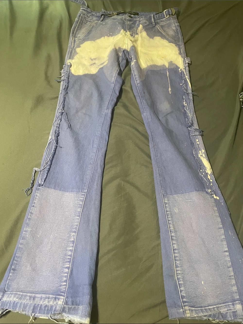 Blue Distressed Workwear Jeans with Paint Detail